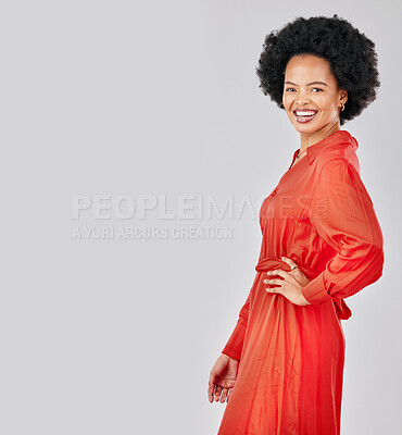 Buy stock photo Portrait, fashion and space with an afro black woman in studio on a white background for trendy style. Mockup, smile and red clothes with a happy young female model posing in a clothing outfit