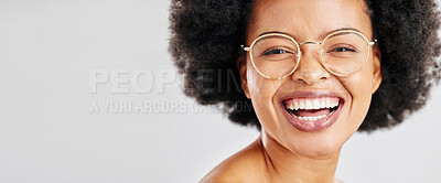 Buy stock photo Mockup, portrait and black woman with glasses, smile and optometry on a white studio background. Face, person and model with eyewear, clear vision and happiness with  optometrist, space and banner