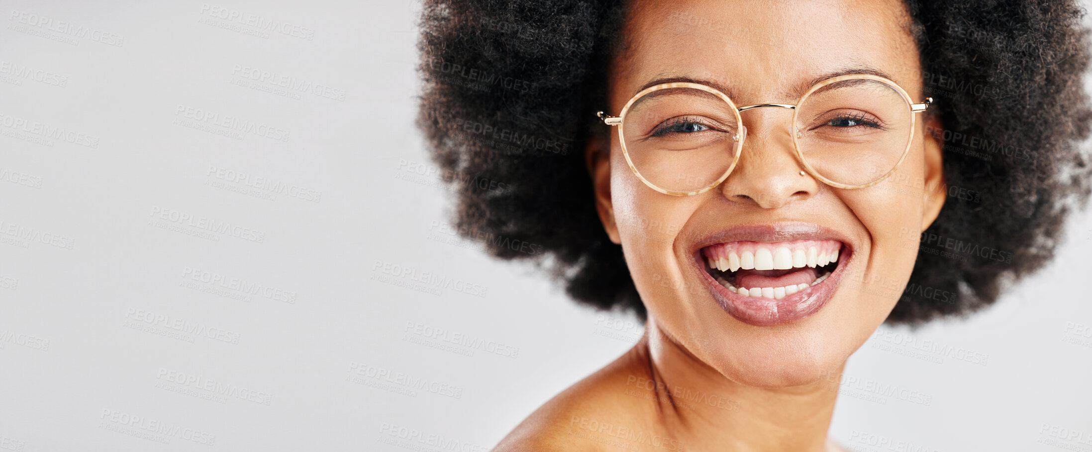 Buy stock photo Mockup, portrait and black woman with glasses, smile and optometry on a white studio background. Face, person and model with eyewear, clear vision and happiness with  optometrist, space and banner