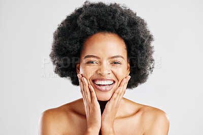 Buy stock photo Beauty, hands on face and portrait of a black woman with dermatology, cosmetics or natural makeup. Headshot of happy African female model in studio for facial glow, afro and soft touch with self love