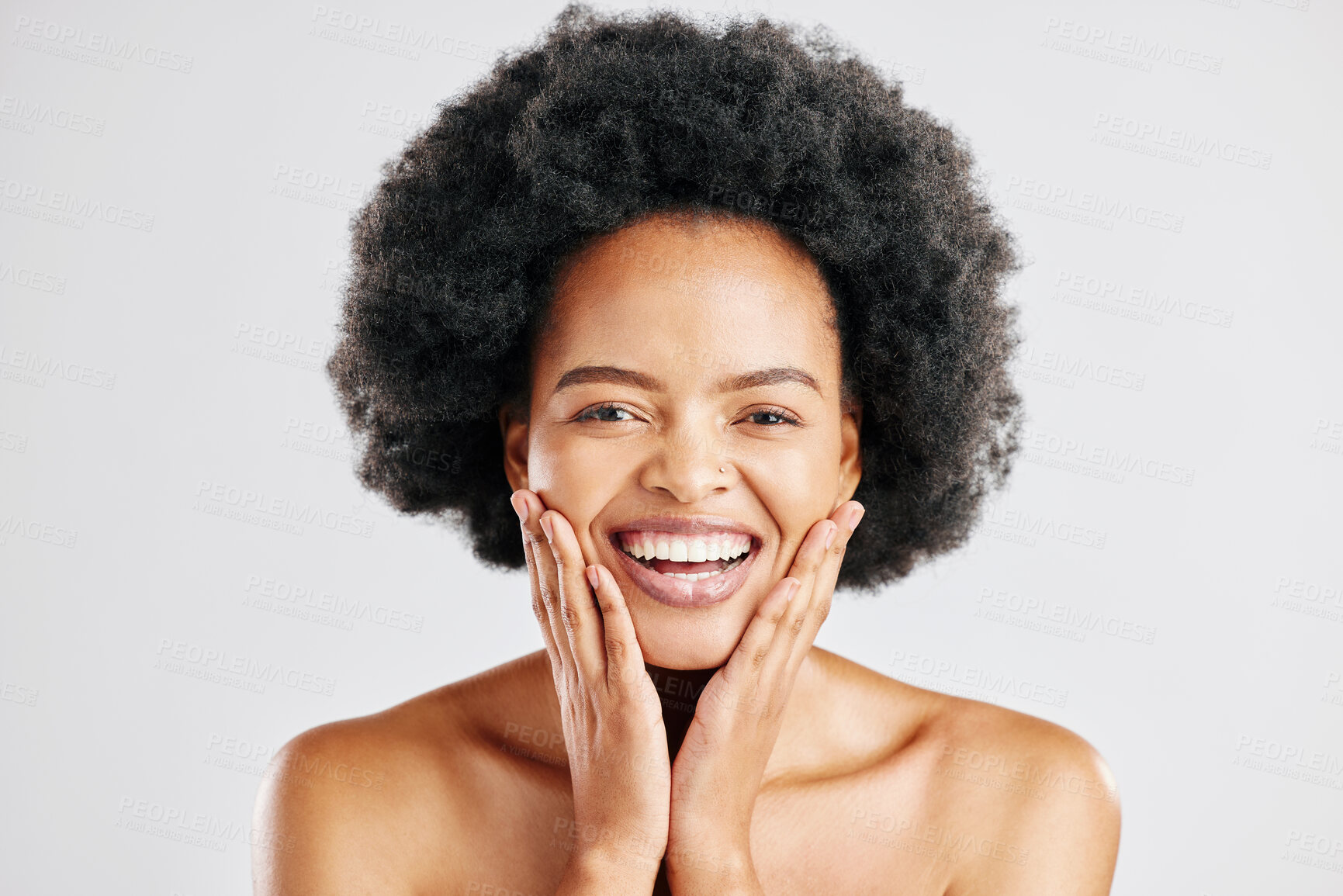 Buy stock photo Beauty, hands on face and portrait of a black woman with dermatology, cosmetics or natural makeup. Headshot of happy African female model in studio for facial glow, afro and soft touch with self love