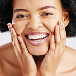 Beauty, skin care and portrait of happy woman with dermatology, cosmetics or natural makeup. Closeup on face of African female model in studio for facial glow, self love and soft touch or teeth smile