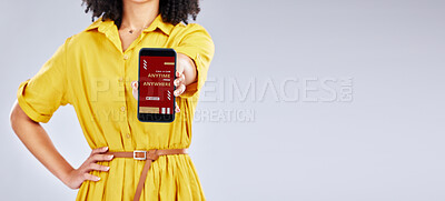 Buy stock photo Hands, phone screen and woman with app for taxi isolated in studio on a white background mockup space. Smartphone, travel and person with application, advertising and marketing to call transportation