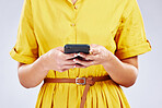 Phone, chat or hands of woman in studio on social media, mobile app or internet web networking online. Texting, research or closeup of person typing on digital technology web on white background 