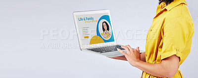 Buy stock photo Laptop, insurance and security with a customer in studio on a gray background for life cover sign up. Computer, website and mockup with a female person searching for information about protection