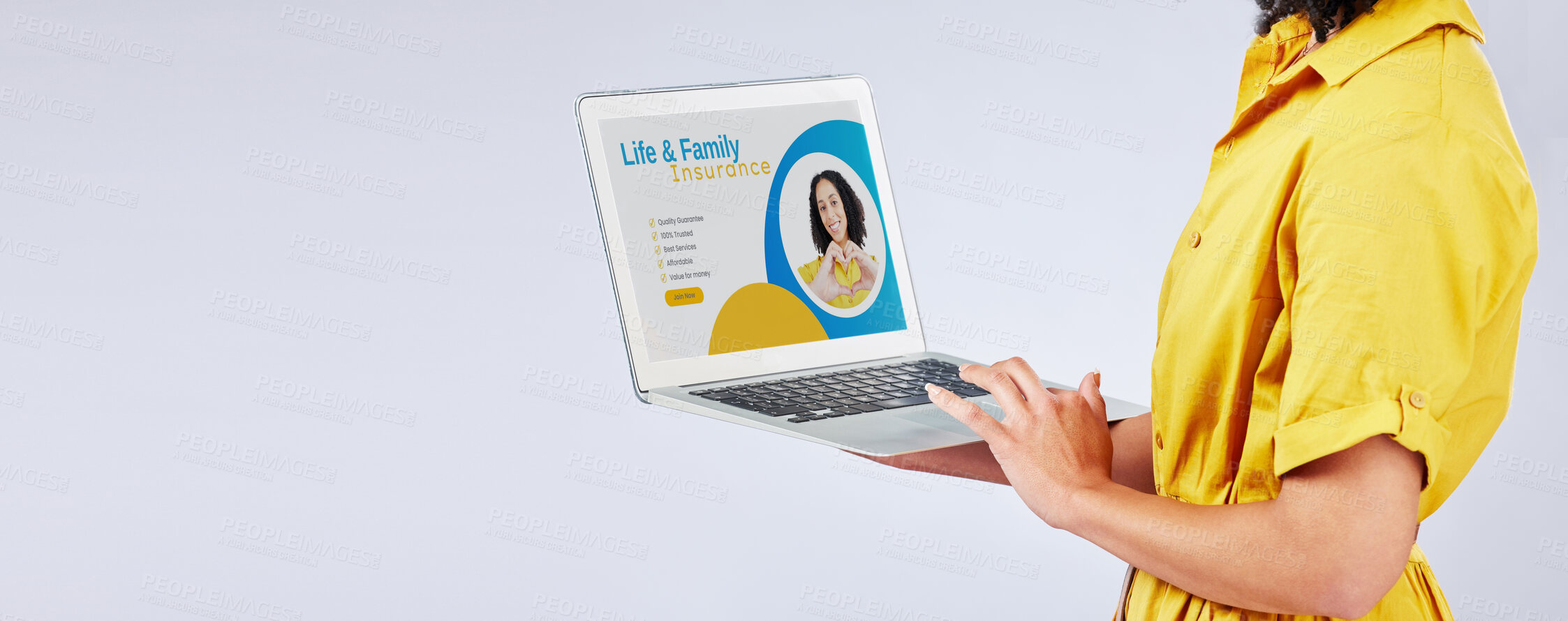 Buy stock photo Laptop, insurance and security with a customer in studio on a gray background for life cover sign up. Computer, website and mockup with a female person searching for information about protection