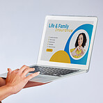 Laptop, insurance and website with a customer in studio on a gray background for life cover sign up. Computer, security and internet with a female person searching for information about protection