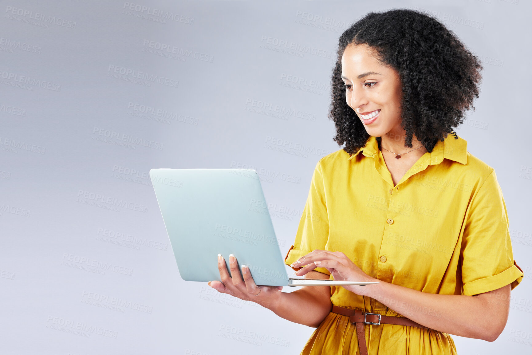 Buy stock photo Studio laptop, smile and woman reading blog story, online shopping discount or research sales deal, info or promo. Social media, app post and person happy for email communication on white background