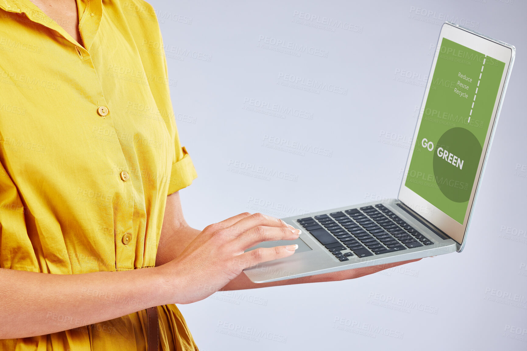 Buy stock photo Woman hands, laptop screen and eco friendly website, sustainability research and green technology on white background. Typing, planning and climate change of person on computer and website in studio