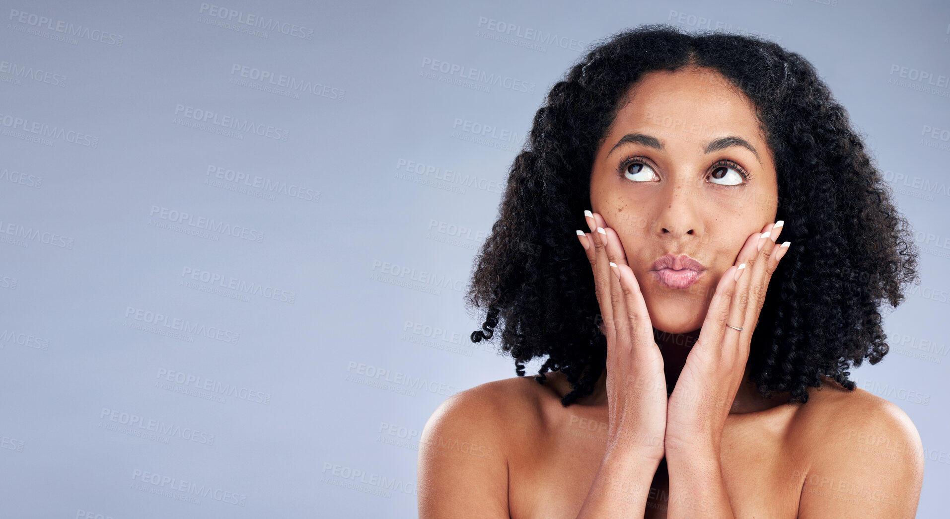 Buy stock photo Woman touch face, pout and beauty with natural skincare, cosmetics and curly hair on studio background. Mockup space, wellness and kiss with hands, manicure and female model, skin glow and self love