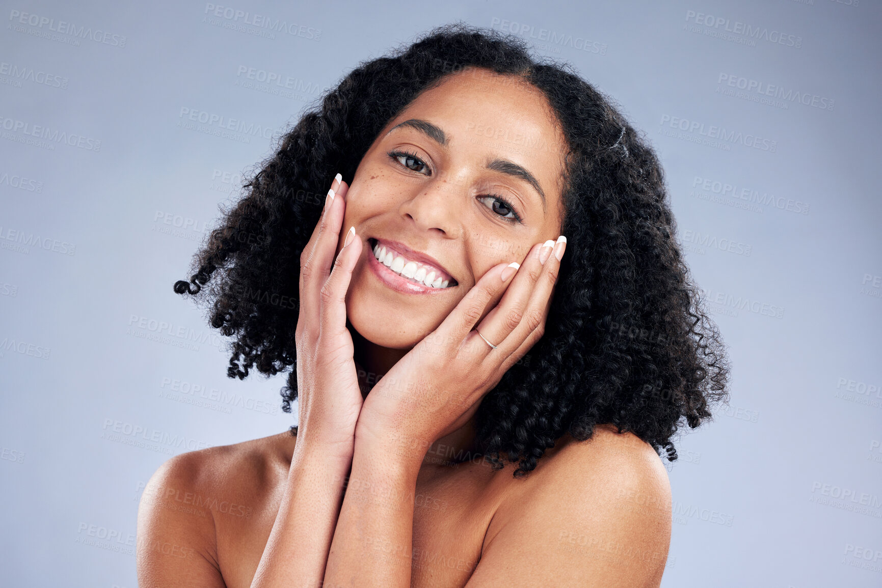 Buy stock photo Happy, beauty and portrait of a woman with hands on face for dermatology, cosmetics and natural makeup. Headshot of African female model on studio background for facial skin care, glow and soft touch