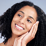 Face smile, skincare and woman touch for beauty in studio isolated on a white background. Natural, cosmetics and happy African model with spa facial treatment for aesthetic, wellness and healthy skin