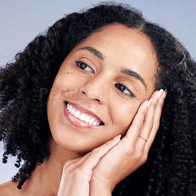 Buy stock photo Face smile, skincare and woman touch for beauty in studio isolated on a white background. Natural, cosmetics and happy African model with spa facial treatment for aesthetic, wellness and healthy skin