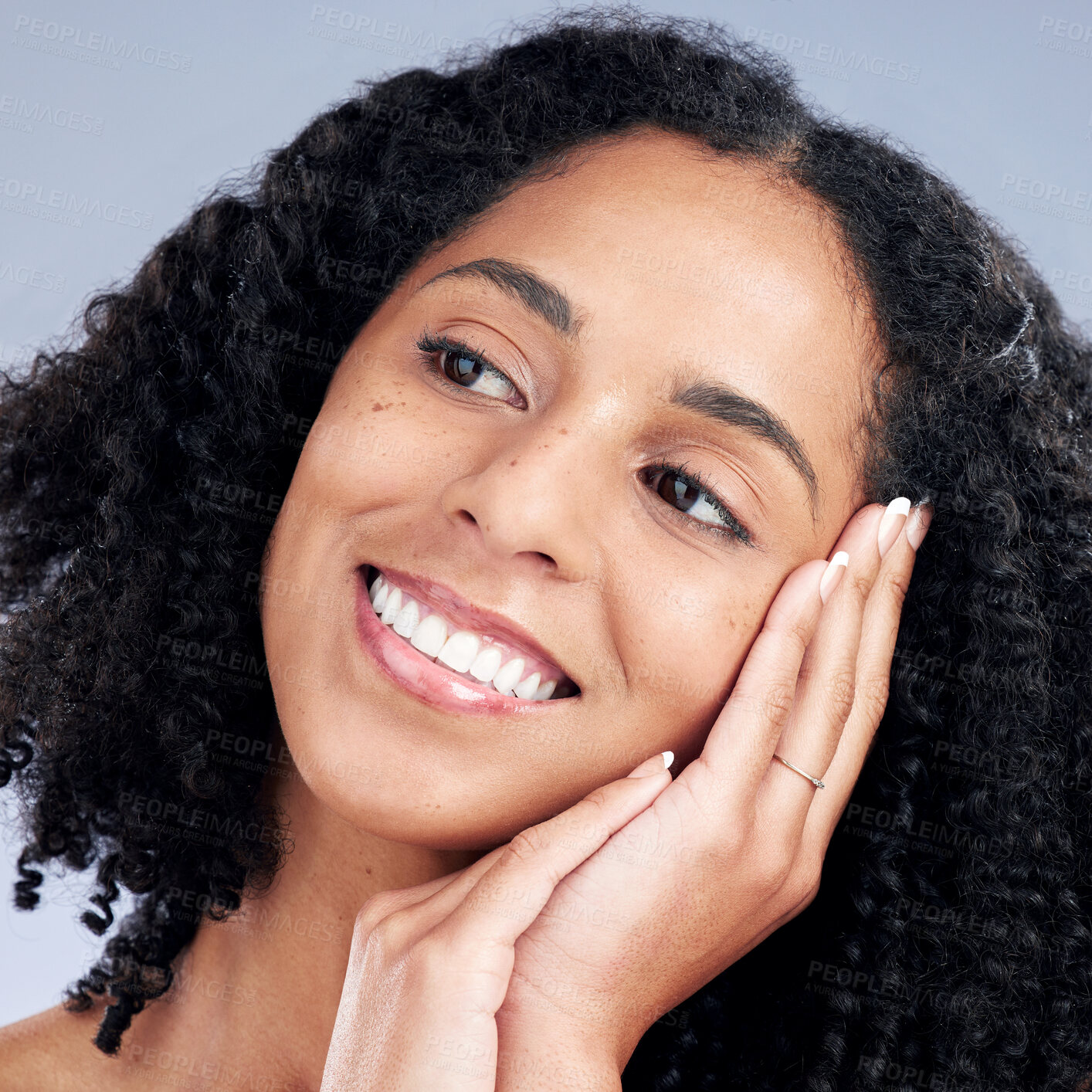 Buy stock photo Face smile, skincare and woman touch for beauty in studio isolated on a white background. Natural, cosmetics and happy African model with spa facial treatment for aesthetic, wellness and healthy skin