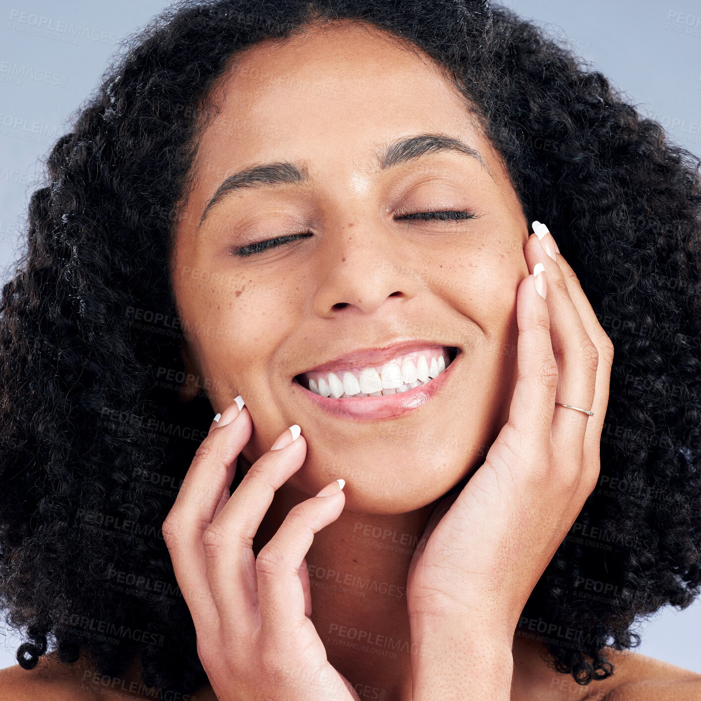 Buy stock photo Happy woman touch face, pout, beauty and natural skincare, cosmetics and curly hair on studio background. Smile, wellness and hands, manicure and female model, glow and self love with dermatology