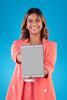 Buy stock photo Woman, tablet mockup and screen in portrait, app advertising and website ads isolated on blue background. Digital marketing, news and communication, female person with multimedia and technology brand