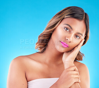 Buy stock photo Portrait, woman and beauty, pink lipstick and makeup with skincare isolated on blue background. Facial, wellness and cosmetic product for lips, cosmetology and female model with skin glow in studio