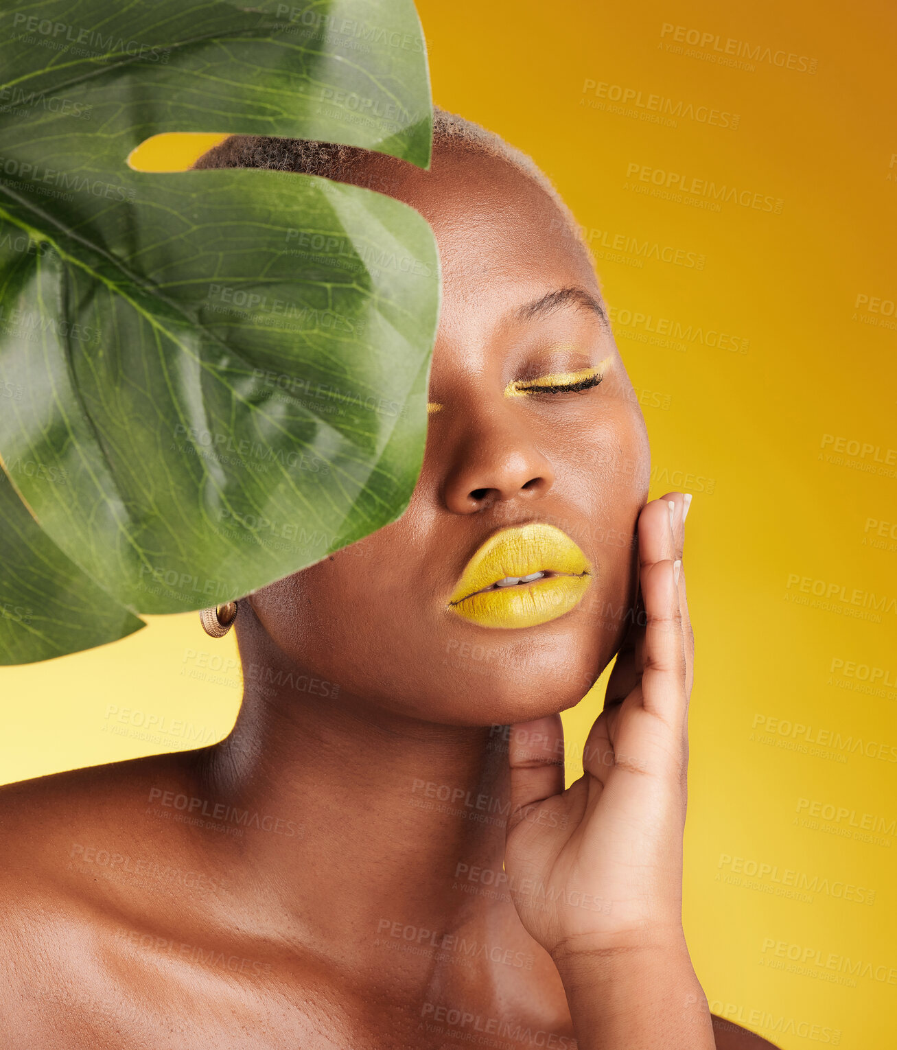 Buy stock photo Beauty, makeup and leaf with face of black woman in studio for tropical, natural and cosmetics. Luxury, sustainability and health with female model on yellow background for plant, salon and wellness