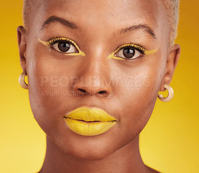 Buy stock photo Creative, portrait and cosmetics with african girl with glow in closeup with yellow studio background. Serious, face and makeup with art for beauty or luxury lipstick with design for aesthetic.