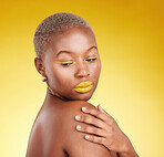 Thinking, makeup and woman with skincare, ideas and dermatology against a yellow background. Female person, fantasy or model with cosmetics, facial and grooming with aesthetic, wellness and self care