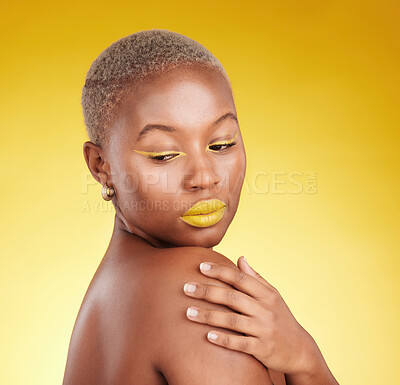 Buy stock photo Thinking, makeup and woman with skincare, ideas and dermatology against a yellow background. Female person, fantasy or model with cosmetics, facial and grooming with aesthetic, wellness and self care
