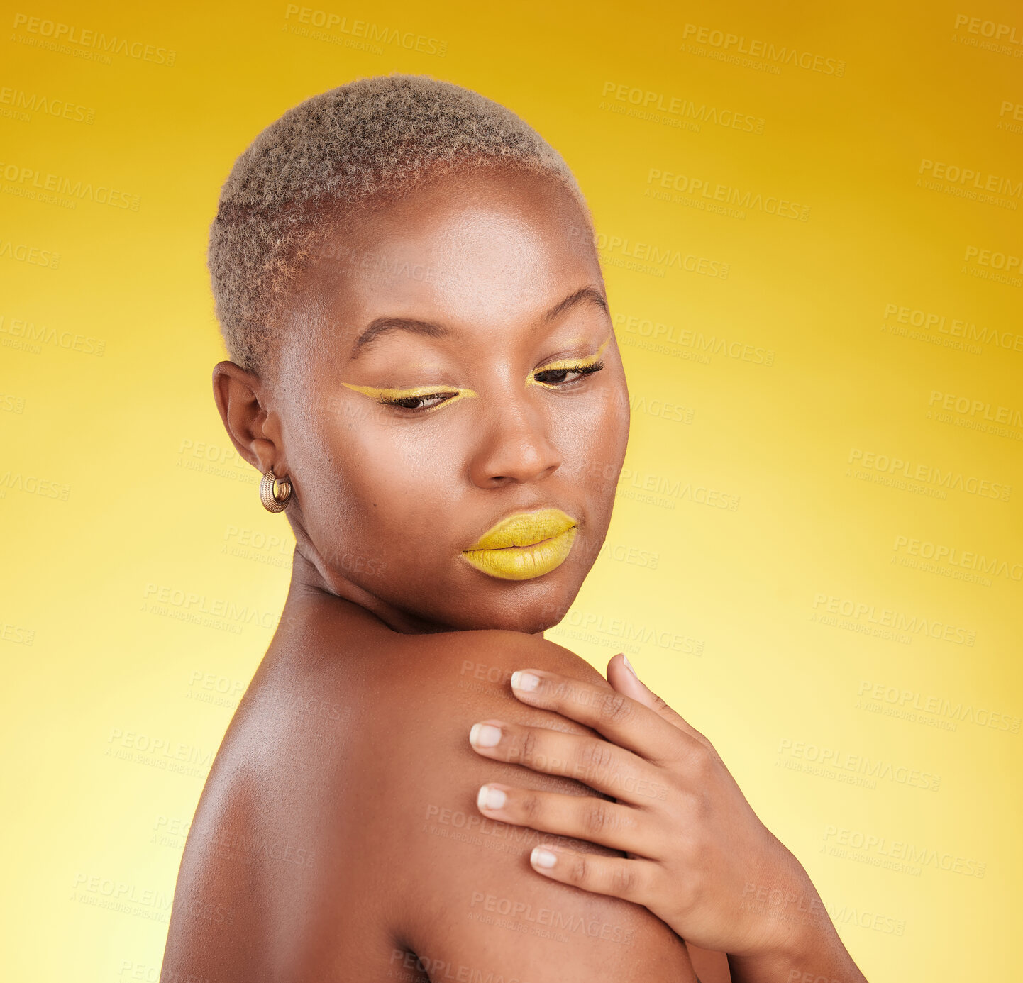 Buy stock photo Thinking, makeup and woman with skincare, ideas and dermatology against a yellow background. Female person, fantasy or model with cosmetics, facial and grooming with aesthetic, wellness and self care