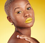 Portrait, skincare and cosmetics with african girl for glow in yellow studio or background in closeup. Woman, serious and hand on face for luxury treatment with dermatology or spa facial for beauty.
