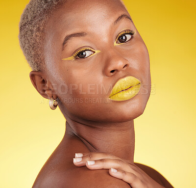 Buy stock photo Portrait, skincare and cosmetics with african girl for glow in yellow studio or background in closeup. Woman, serious and beauty face with creative art or makeup for luxury treatment with eyeliner.