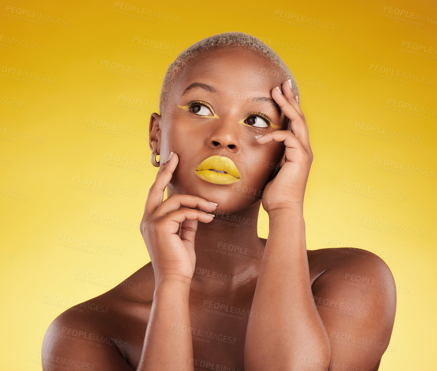 Buy stock photo Thinking, makeup and a black woman on a studio background for art or fashion. Ideas, gold and an African girl or model with yellow lipstick, cosmetics or young beauty on a backdrop for creativity