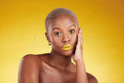 Buy stock photo Creative, makeup and portrait with african girl for glow in yellow studio, background or luxury spa. Serious, cosmetics and woman with art on face for aesthetic with beauty or wellness with eyeliner.