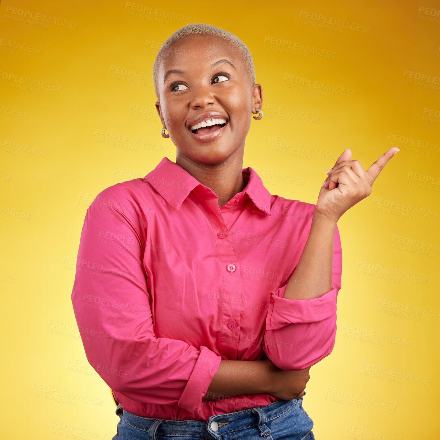Buy stock photo Thinking, idea and happy black woman in studio for choice, option or answer on yellow background. Questions, why and African lady smile for solution, planning or opinion, decision or problem solving 
