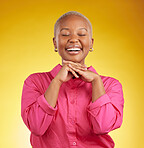 Happy, cute and black woman laughing in studio to funny, joke or silly memory on yellow background. Laughing, smile and African female remember, humor or goofy moment, good mood or positive attitude
