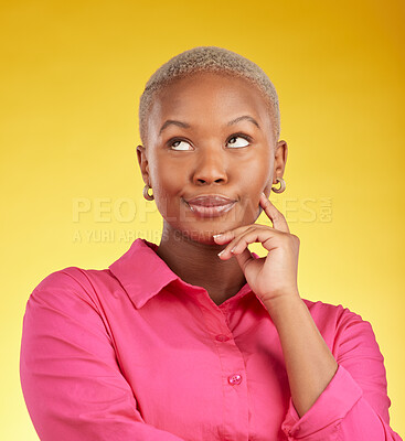 Buy stock photo Annoyed, face and black woman in studio with bad attitude, rolling eyes or doubt emoji on yellow background. Wtf, whatever and bored African female frustrated by drama, gossip or fake news reaction