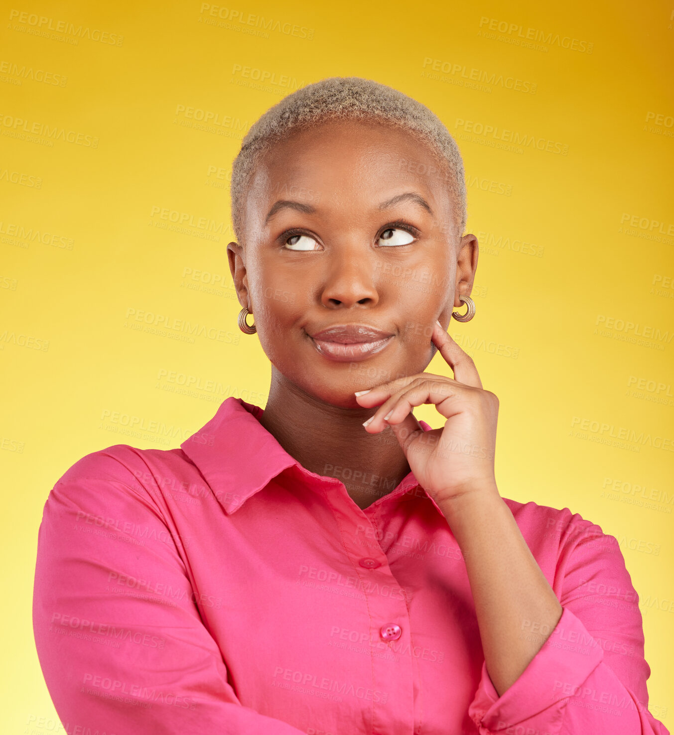 Buy stock photo Annoyed, face and black woman in studio with bad attitude, rolling eyes or doubt emoji on yellow background. Wtf, whatever and bored African female frustrated by drama, gossip or fake news reaction