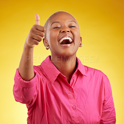 Buy stock photo Laughing, black woman and thumbs up in studio for vote, review or positive feedback on yellow background. Yes, hand and happy African female with emoji for choice, thank you or decision support