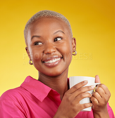 Buy stock photo Woman, thinking and smile with coffee in studio for motivation, inspiration and a break. Face of a happy black female model person on a yellow background with a tea cup for ideas, choice and relax