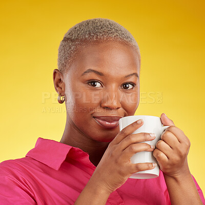 Buy stock photo Smile, portrait and black woman relax with coffee in studio, calm and peaceful on yellow background. Tea, drinking and face of African female chilling with comfort beverage, happy and enjoy me time