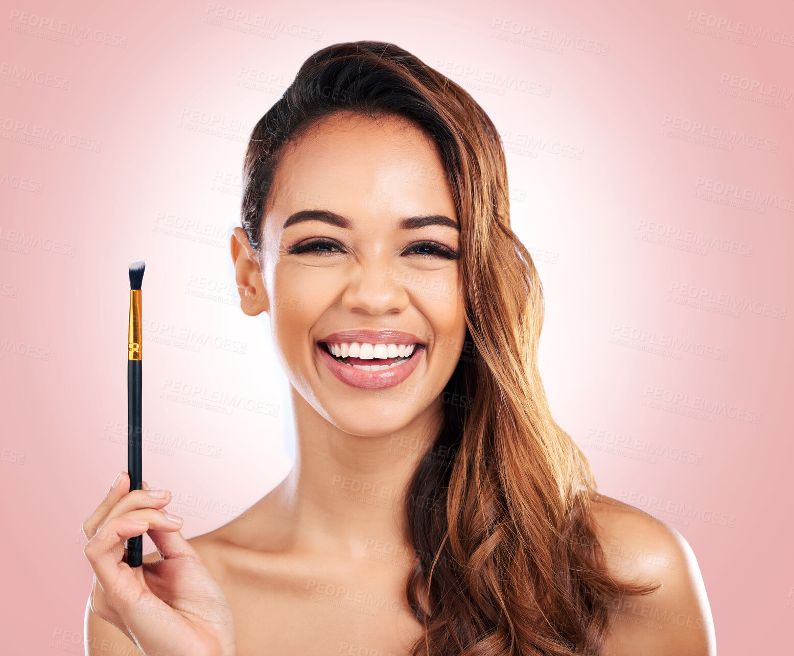 Buy stock photo Beauty, cosmetics and portrait of woman with makeup brush on pink background for salon, wellness and luxury. Cosmetology, aesthetic and female person for foundation, eyeshadow and glamour in studio
