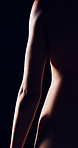 Sexy, body and woman on black background for sensual, seduction and erotic silhouette. Beauty aesthetic, fantasy and figure of female person in dark studio for seductive art deco, cosmetics and glow