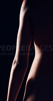 Buy stock photo Sexy, body and woman on black background for sensual, seduction and erotic silhouette. Beauty aesthetic, fantasy and figure of female person in dark studio for seductive art deco, cosmetics and glow