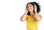 Music, happy and a woman with headphones in studio streaming audio, sound or radio. Peace, calm and african female person isolated on a white background listening to song to relax with mockup space