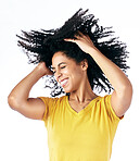 Hair, dancing and crazy woman with afro hairstyle, smile and fashion isolated in a studio white background. Energy, casual and young person with stylish or trendy clothes happy, celebrate and freedom