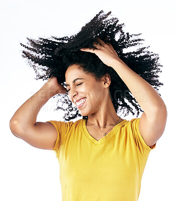 Buy stock photo Hair, dancing and crazy woman with afro hairstyle, smile and fashion isolated in a studio white background. Energy, casual and young person with stylish or trendy clothes happy, celebrate and freedom