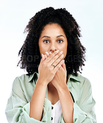 Buy stock photo Secret, surprise and portrait of woman in studio with hands on mouth, omg and wow on white background. Face, wtf and female with emoji reaction to gossip, fake news or drama, did you know or no way