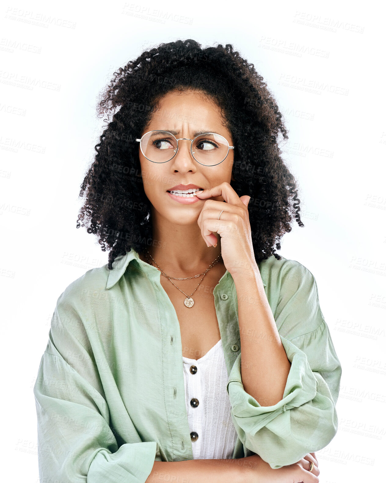 Buy stock photo Bite finger, thinking and face of woman on a white background with worry, doubt and uncertain. Anxiety, confused and female person worried, anxious and unsure for problem, crisis and choice in studio