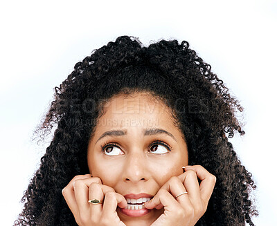 Buy stock photo Bite nails, thinking and face of woman on a white background for worry, doubt and uncertain. Anxiety, confused and female person worried, anxious and unsure for problem, crisis and choice in studio