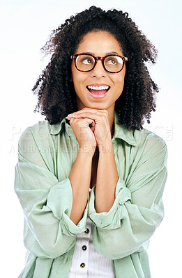 Buy stock photo Thinking, smile and dream with a woman in studio isolated on a white background to wish or pray. Idea, hope and excited with a happy young female person looking or feeling positive in anticipation