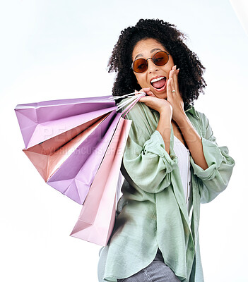 Buy stock photo Wow, sale and woman with shopping bag in studio for discount, promo or retail news on white background. Omg, shopper and female customer surprised by announcement, deal or store, giveaway or prize