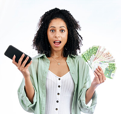 Buy stock photo Woman, phone and money in studio portrait with wow for prize, investment or excited by white background. Isolated African girl, smartphone and winner with cash fan, giveaway or profit on fintech app