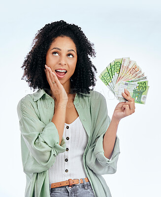 Buy stock photo Woman, cash fan and thinking in studio for prize, profit or bonus from investing, savings or wow by white background. Isolated African girl, student and surprise for money, win and gambling in lotto